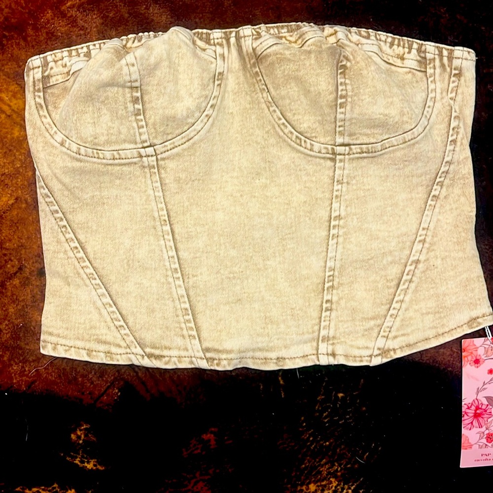 Stylish stone wash, treated denim, fun, edgy, halter top